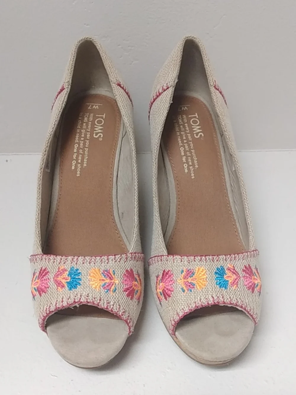 TOMS Beige Peep-Toe Wedge Sandals with Pink & Blue Embroidery
